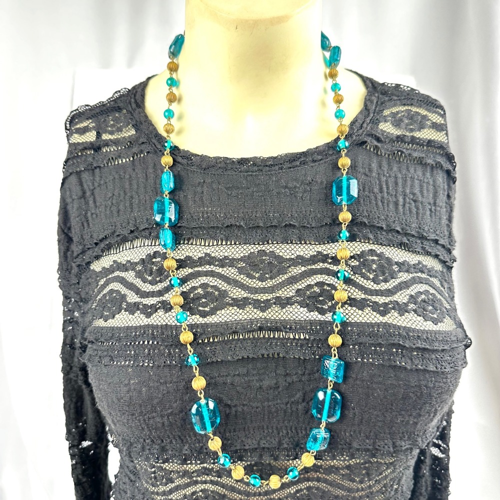 Vtg 1950s Turquoise Blue Art Glass Sautoir Necklace Continuous Flapper Bead Deco